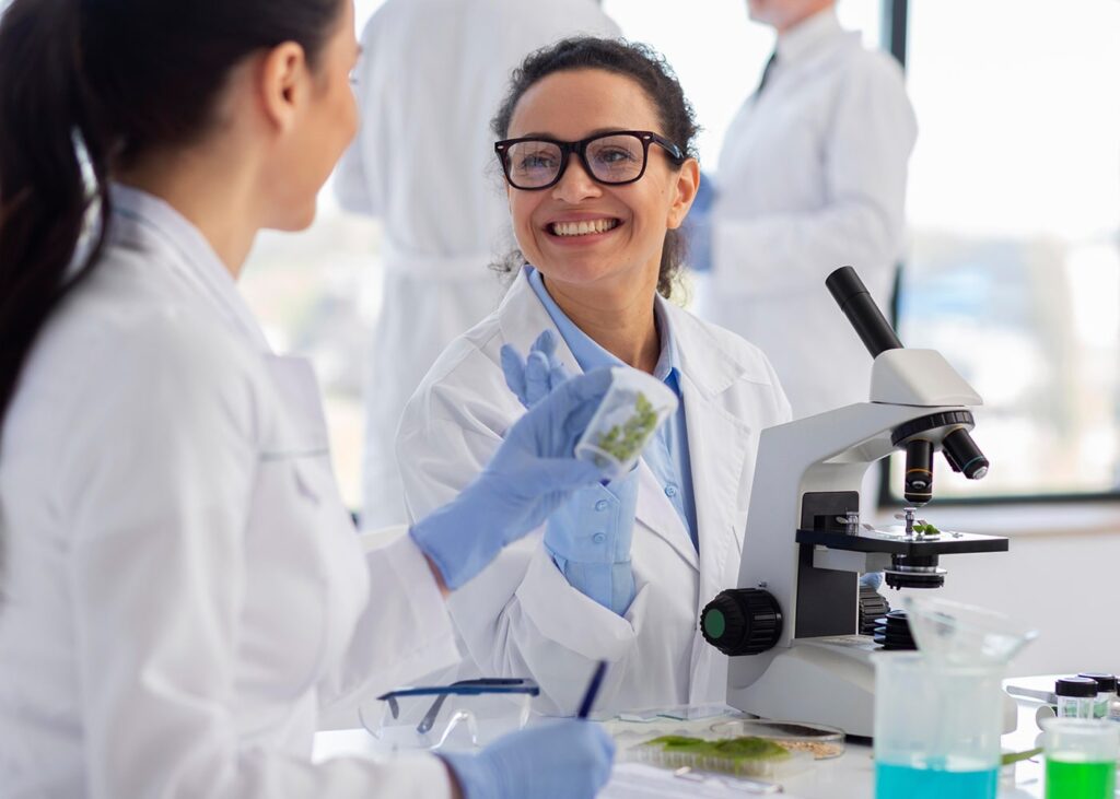 About us - team of doctors conducting peptide experiments in a laboratory for research.